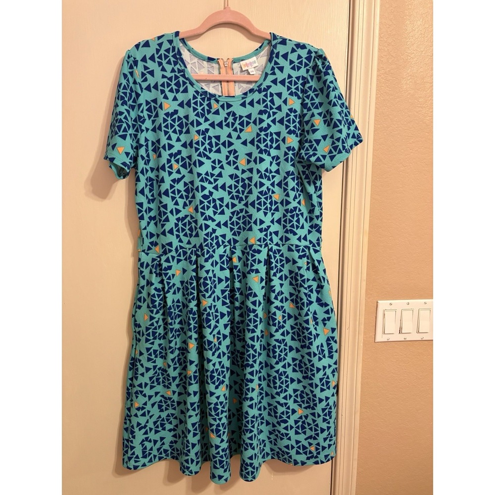 LuLaRoe Blue Geometric Sundress Round Neck Short Sleeve Zip Pockets 3XL Knee